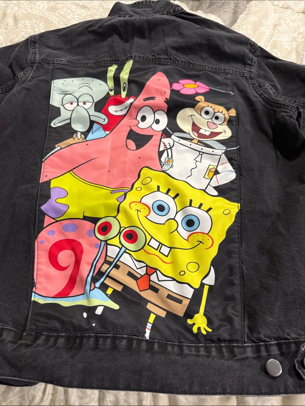 Nickelodeon Black Denim Jacket with Colorful SpongeBob Crew Back Graphic